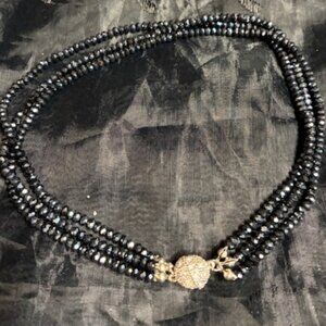 3 loops of Black beads w/ rhinestone magnetic closure necklace 15"